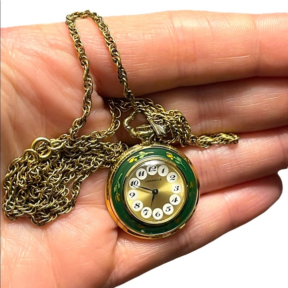 Vintage Caravelle Necklace watch green enamel bird flowers - Picture 14 of 15